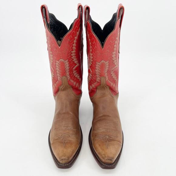 Lucchese Women’s 7.5 Brown Red-Orange Snip Toe Leather Cowgirl Western Boots - Picture 5 of 12